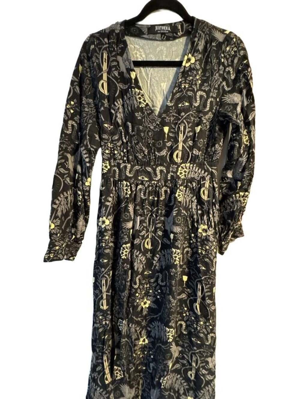 Disturbia Long Sleeve Midi Dress Size US 6 Black Print V Neck